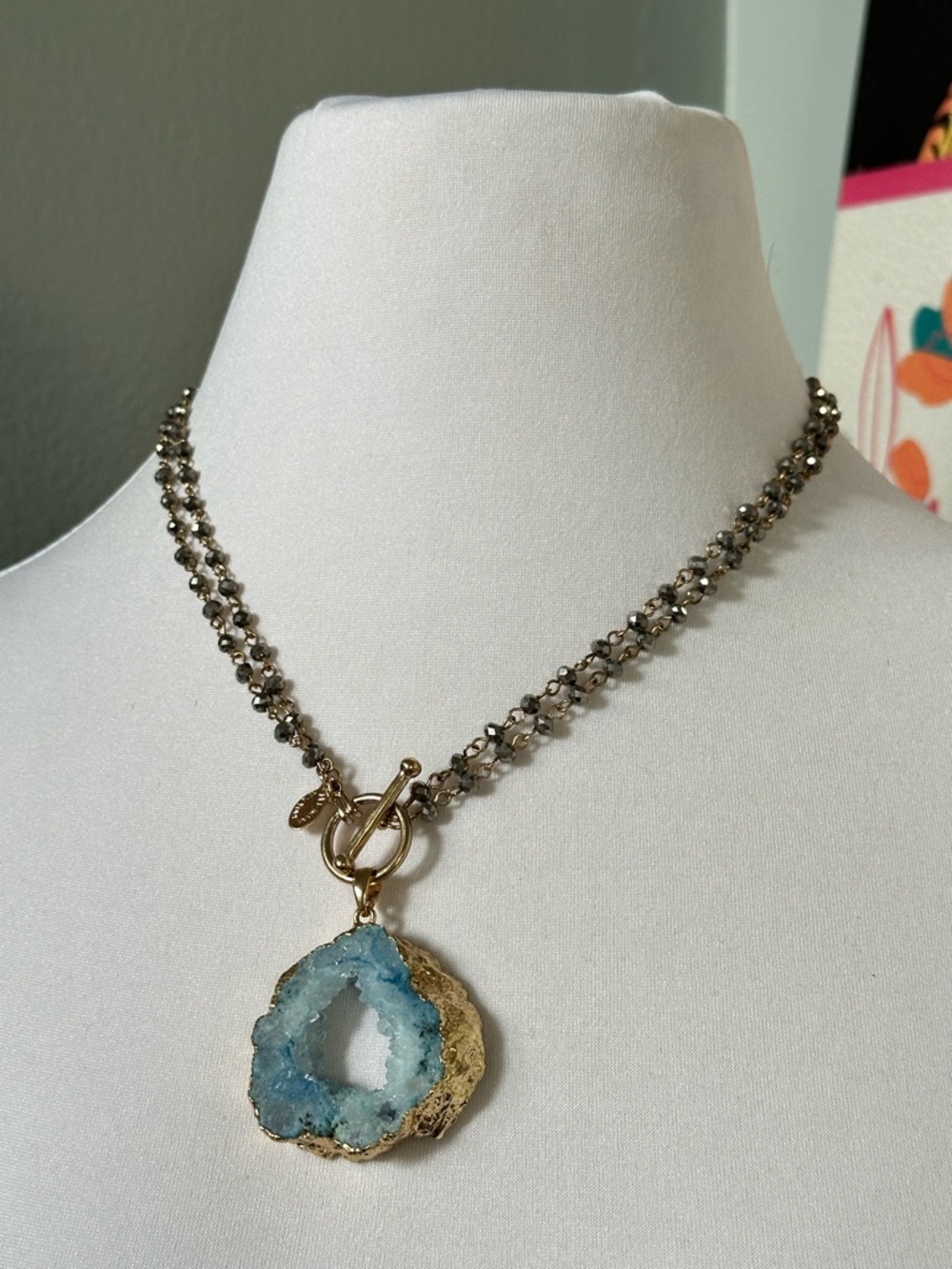 Gold Blue Druzy Pendant Necklace